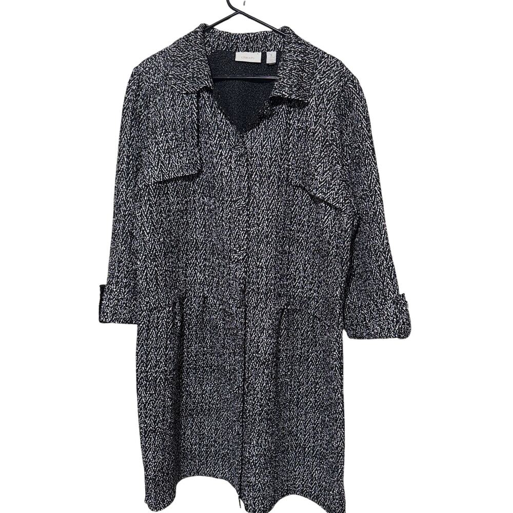 Chicos Black White Textured Lightweight Trench Coat Jacket Dress Sz 3/XL